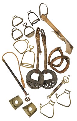 Lot 66 - FOUR PAIRS AND SIX SINGLE SOUTH AMERICAN STIRRUPS, LATE 19TH/20TH CENTURY AND THREE SOUTH AMERICAN WHIPS