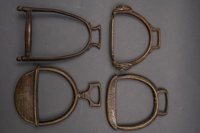 Lot 66 - FOUR PAIRS AND SIX SINGLE SOUTH AMERICAN STIRRUPS, LATE 19TH/20TH CENTURY AND THREE SOUTH AMERICAN WHIPS