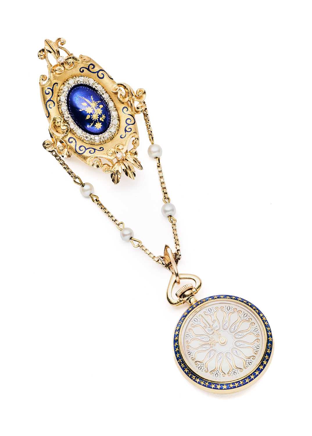 Lot 157 - RONDINE: A LADY'S ENAMEL AND DIAMOND BROOCH WATCH, ITALIAN, 1960s
