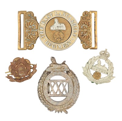 Lot 144 - A WAISTBELT-CLASP AND THREE BADGES