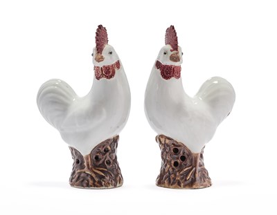 Lot 63 - A PAIR OF CHINESE WHITE-GLAZED RED-CRESTED COCKEREL, 20TH CENTURY