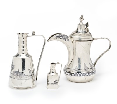 Lot 65 - AN IRAQI COFFEE POT AND PAIR OF JUGS IN SIZES, PROBABLY BASRA OR OMARA, MID 20TH CENTURY