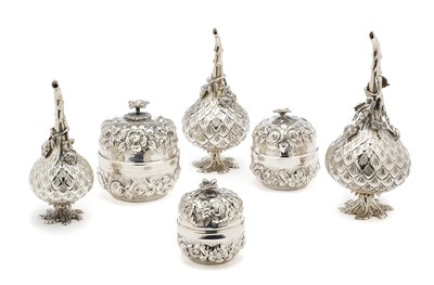 Lot 70 - A SET OF THREE ROSEWATER SPRINKLERS AND THREE JARS AND COVERS, TURKISH, 20TH CENTURY