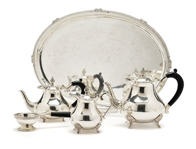 Lot 66 - A FOUR-PIECE TEA SET ON TRAY, MIDDLE EASTERN, 20TH CENTURY
