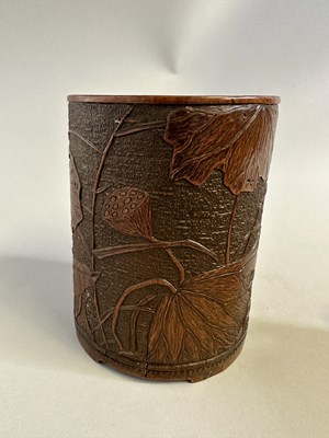 Lot 94 - A CHINESE CARVED BAMBOO 'LOTUS POND' BRUSH POT, BITONG, QING DYNASTY, 18TH CENTURY