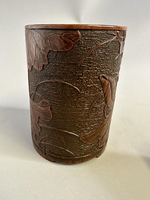 Lot 94 - A CHINESE CARVED BAMBOO 'LOTUS POND' BRUSH POT, BITONG, QING DYNASTY, 18TH CENTURY