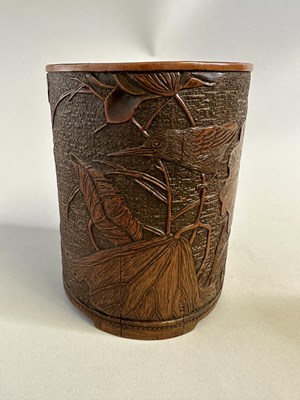 Lot 94 - A CHINESE CARVED BAMBOO 'LOTUS POND' BRUSH POT, BITONG, QING DYNASTY, 18TH CENTURY