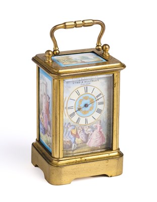 Lot 151 - A FRENCH GILT-BRASS AND ENAMEL MINIATURE CARRIAGE CLOCK,  PERHAPS J. DEJARDIN, PARIS, FOR RETAIL BY LUND & BLOCKLEY OF LONDON, LATE 19TH CENTURY
