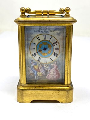Lot 151 - A FRENCH GILT-BRASS AND ENAMEL MINIATURE CARRIAGE CLOCK,  PERHAPS J. DEJARDIN, PARIS, FOR RETAIL BY LUND & BLOCKLEY OF LONDON, LATE 19TH CENTURY