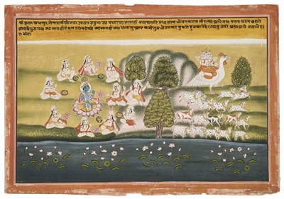 Lot 327 - A SCENE FROM THE LIFE OF KRISHNA, RAJASTHAN, PROBABLY MEWAR, CIRCA 1800