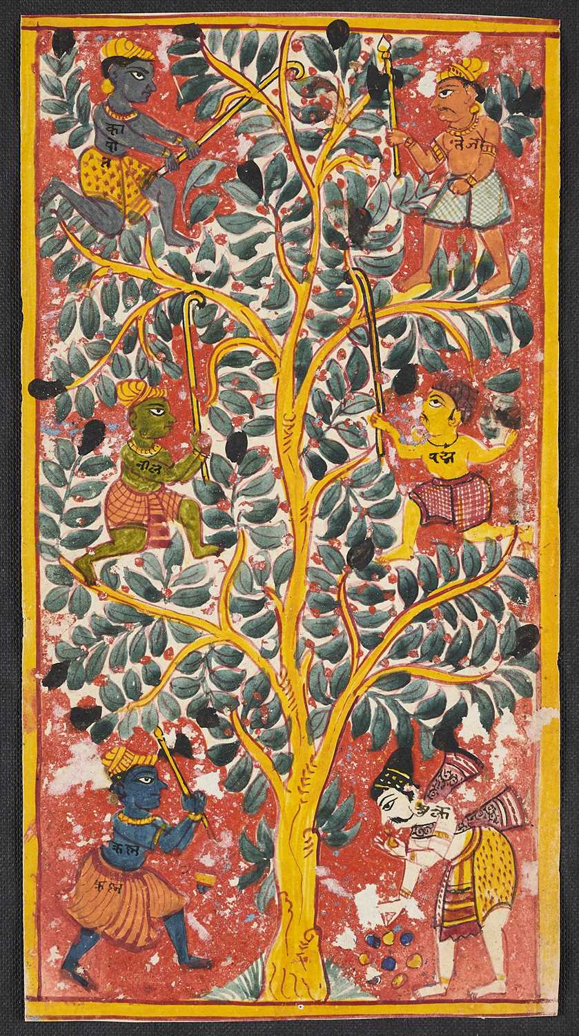 Lot 335 - A JAIN PAINTING DEPICTING THE SIX LESHYAS, PROBABLY MEWAR, RAJASTHAN, 18TH CENTURY