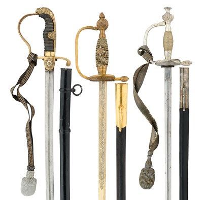 Lot 98 - A PRUSSIAN INFANTRY SWORD AND TWO DEGEN, LATE 19TH CENTURY