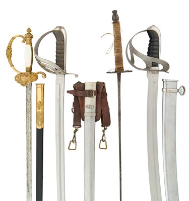Lot 110 - A DUTCH NAVAL ‘KLEWANG’ SWORD, A CZECH SWORD, A PRUSSIAN EPÉE AND A FOIL, EARLY 20TH CENTURY