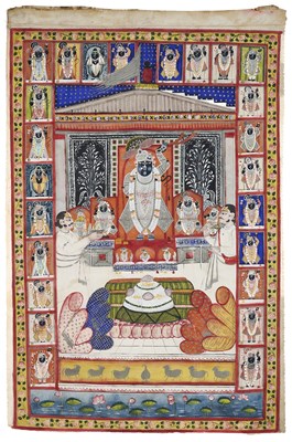 Lot 349 - A SMALL PICHHAVAI DEPICTING ANNAKUTA UTSAVA, NATHDWARA, RAJASTHAN, INDIA, EARLY 20TH CENTURY