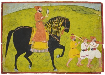 Lot 301 - A NOBLEMAN HAWKING WITH ATTENDANTS, MEWAR, RAJASTHAN, MID-19TH CENTURY