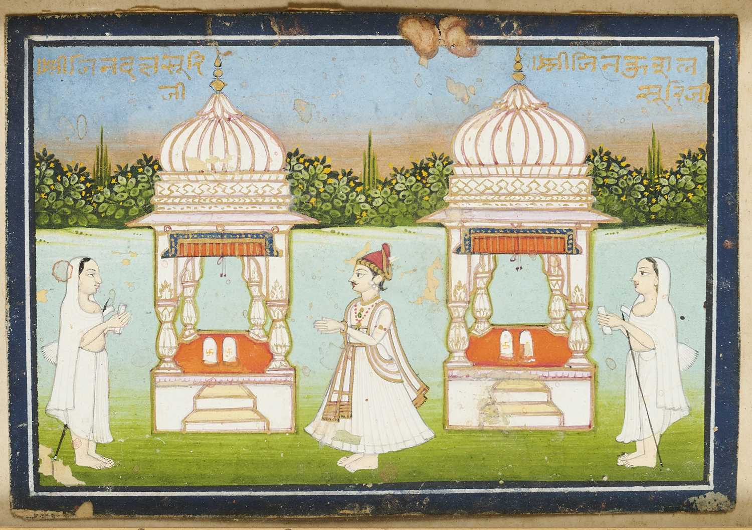 Lot 306 - A SMALL PAINTING DEPICTING A PAIR OF SHRINES, JODHPUR, RAJASTHAN, CIRCA 1800