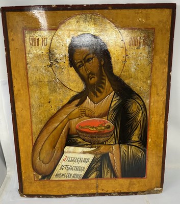 Lot 37 - AN ICON OF ST JOHN THE LAMB OF GOD, RUSSIAN, LATE 18TH / EARLY 19TH CENTURY