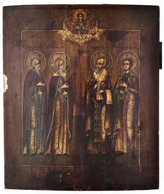 Lot 39 - AN ICON OF MOSES, ELIJAH, SAINT NIPHONT AND SAINT PANTELEIMON, RUSSIAN, LATE 18TH / EARLY 19TH CENTURY