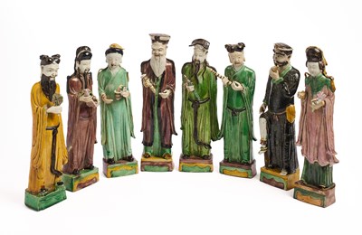 Lot 43 - A RARE SET OF EIGHT CHINESE FAMILLE-VERTE DAOIST IMMORTALS, QING DYNASTY, KANGXI PERIOD (1662-1722)