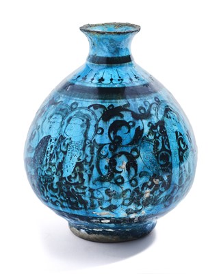 Lot 52 - A SELJUK BLACK PAINTED BOTTLE, KASHAN, PERSIA, 13TH CENTURY OR LATER