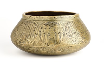 Lot 78 - AN ENGRAVED AND SILVER INLAID BRASS BOWL (TAS), FARS, PERSIA, 14TH CENTURY