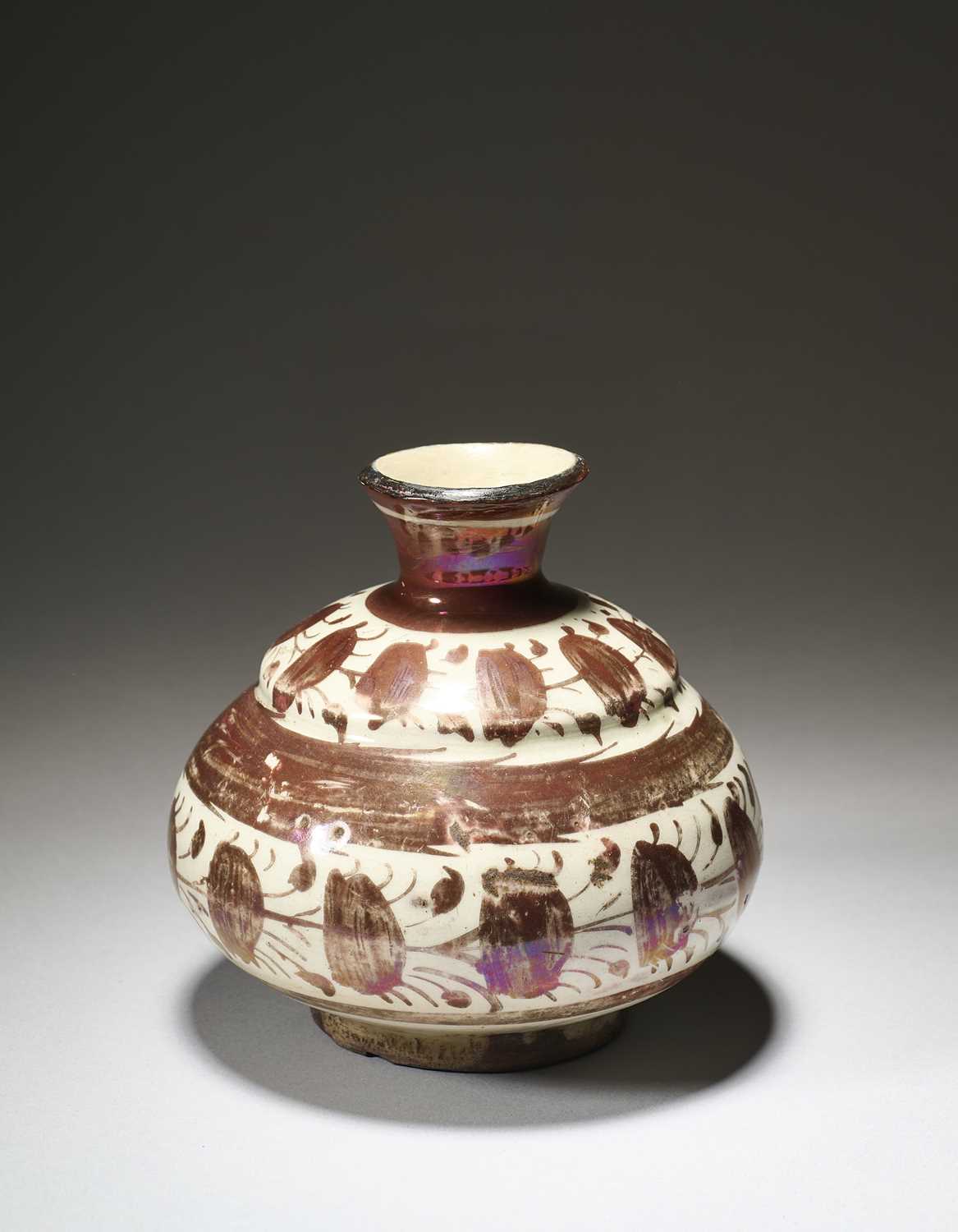 Lot 528 - A SAFAVID LUSTRE PAINTED POTTERY BOTTLE, PERSIA, 17TH CENTURY