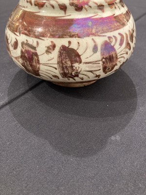 Lot 528 - A SAFAVID LUSTRE PAINTED POTTERY BOTTLE, PERSIA, 17TH CENTURY
