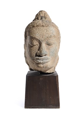 Lot 373 - A CHAM GREY STONE HEAD OF BUDDHA, VIETNAM, 9TH/10TH CENTURY