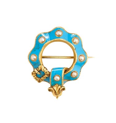 Lot 323 - VICTORIAN, GOLD, ENAMEL AND HALF-PEARL BROOCH, 1880s
