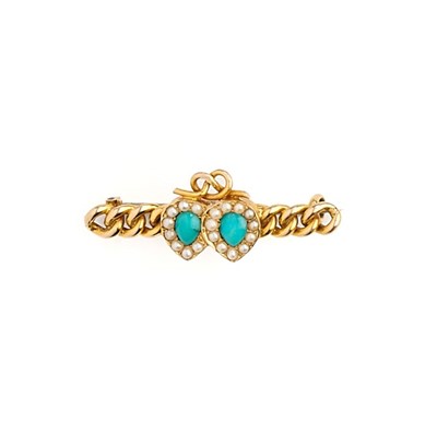 Lot 326 - GOLD, TURQUOISE AND SEED PEARL BAR BROOCH, 1900s