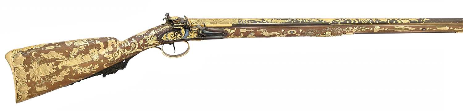 Lot 244 - AN EXCEPTIONAL, PROBABLY UNIQUE, FRENCH GOLD-MOUNTED FLINTLOCK DUCK GUN BY BOUTET A VERSAILLES, MARKED FOR JEAN MASSON, CIRCA 1805-09, FOR PRESENTATION TO A NORTH AFRICAN OR EASTERN RULER