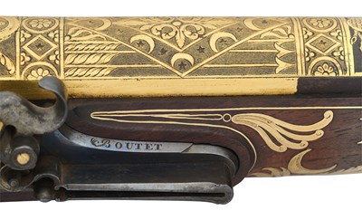 Lot 244 - AN EXCEPTIONAL, PROBABLY UNIQUE, FRENCH GOLD-MOUNTED FLINTLOCK DUCK GUN BY BOUTET A VERSAILLES, MARKED FOR JEAN MASSON, CIRCA 1805-09, FOR PRESENTATION TO A NORTH AFRICAN OR EASTERN RULER