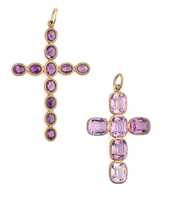 Lot 328 - TWO AMETHYST PENDENT CROSSES, 1880s