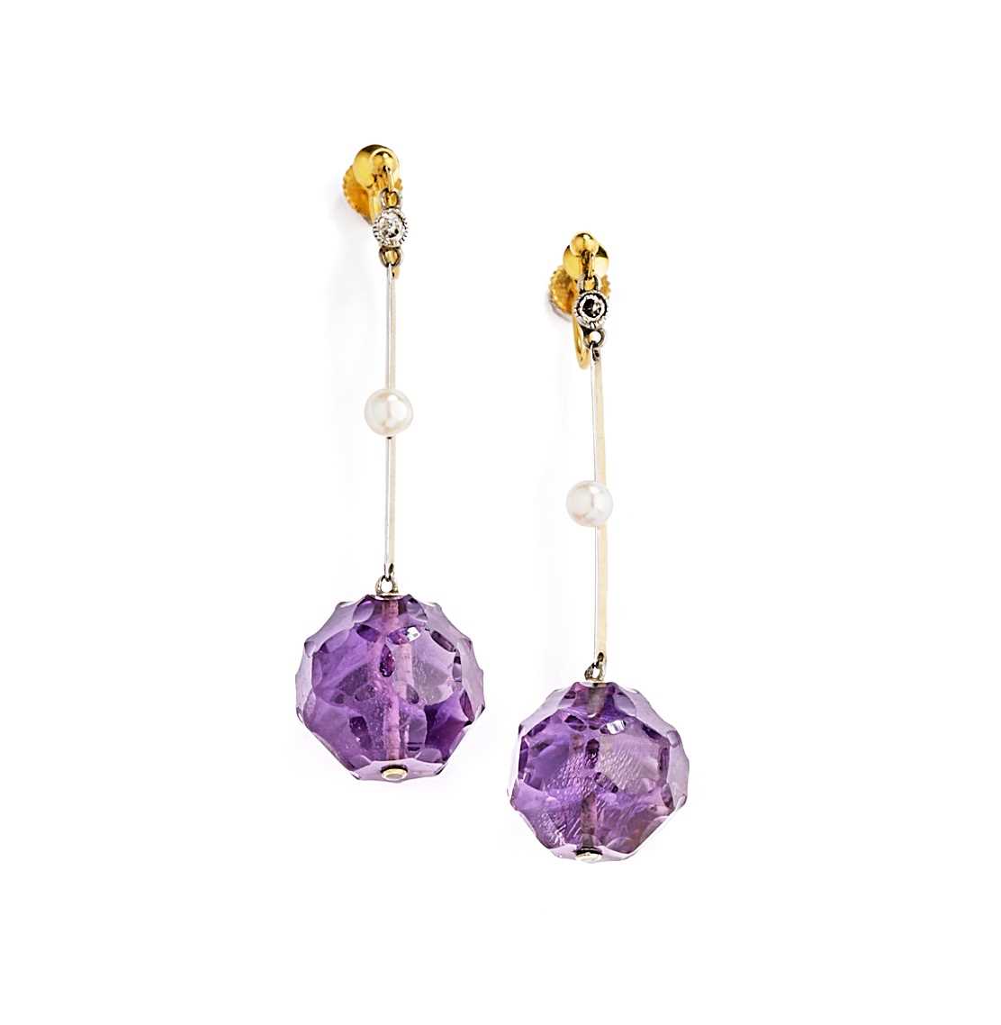 Lot 428 - TWO PAIRS OF GOLD, AMETHYST AND DIAMOND PENDENT EARRINGS, 1900s