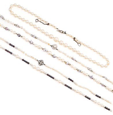 Lot 439 - THREE SEED PEARL AND DIAMOND NECKLACES, 1900s AND LATER