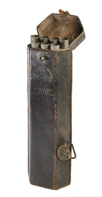 Lot 233 - A RARE BLAKESLEE PATENT CARTRIDGE BOX COMPLETE WITH TEN METAL TUBES, CIRCA 1865-70