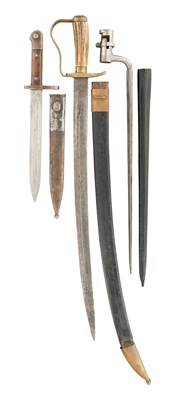 Lot 105 - A MILITARY SHORTSWORD AND TWO BAYONETS, LATE 19TH CENTURY