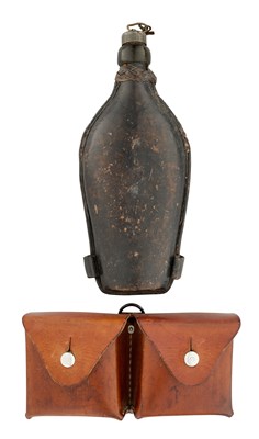 Lot 134 - A SWISS LEATHER-COVERED WATER BOTTLE, LATE 19TH CENTURY AND A SWISS DOUBLE CARTRIDGE POUCH, 20TH CENTURY