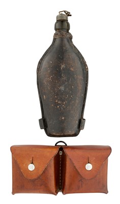 Lot 598 - □ A SWISS LEATHER-COVERED WATER BOTTLE, LATE 19TH CENTURY AND A SWISS DOUBLE CARTRIDGE POUCH, 20TH CENTURY