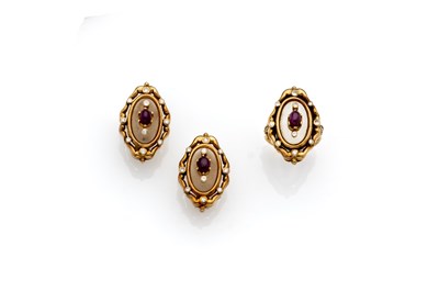 Lot 337 - ILIAS LALAOUNIS: A PAIR OF RUBY, DIAMOND AND FROSTED ROCK CRYSTAL EAR CLIPS AND A MATCHING RING