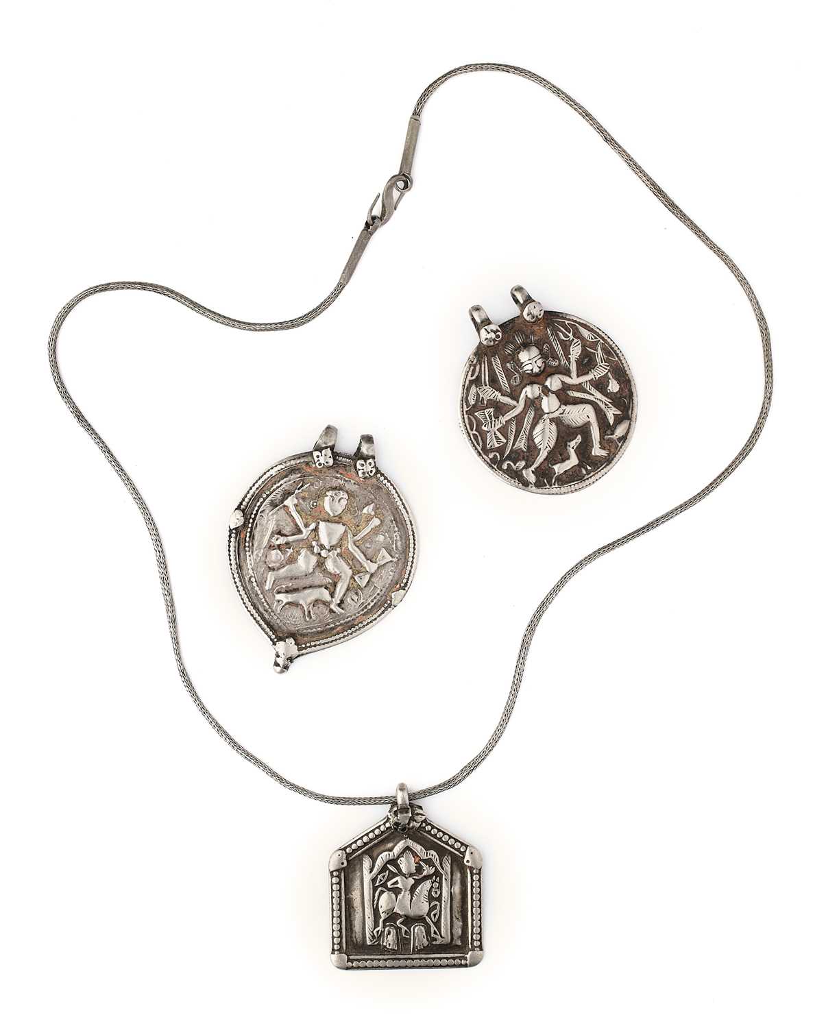 Lot 280 - THREE SILVER AMULETIC PENDANTS, RAJASTHAN,