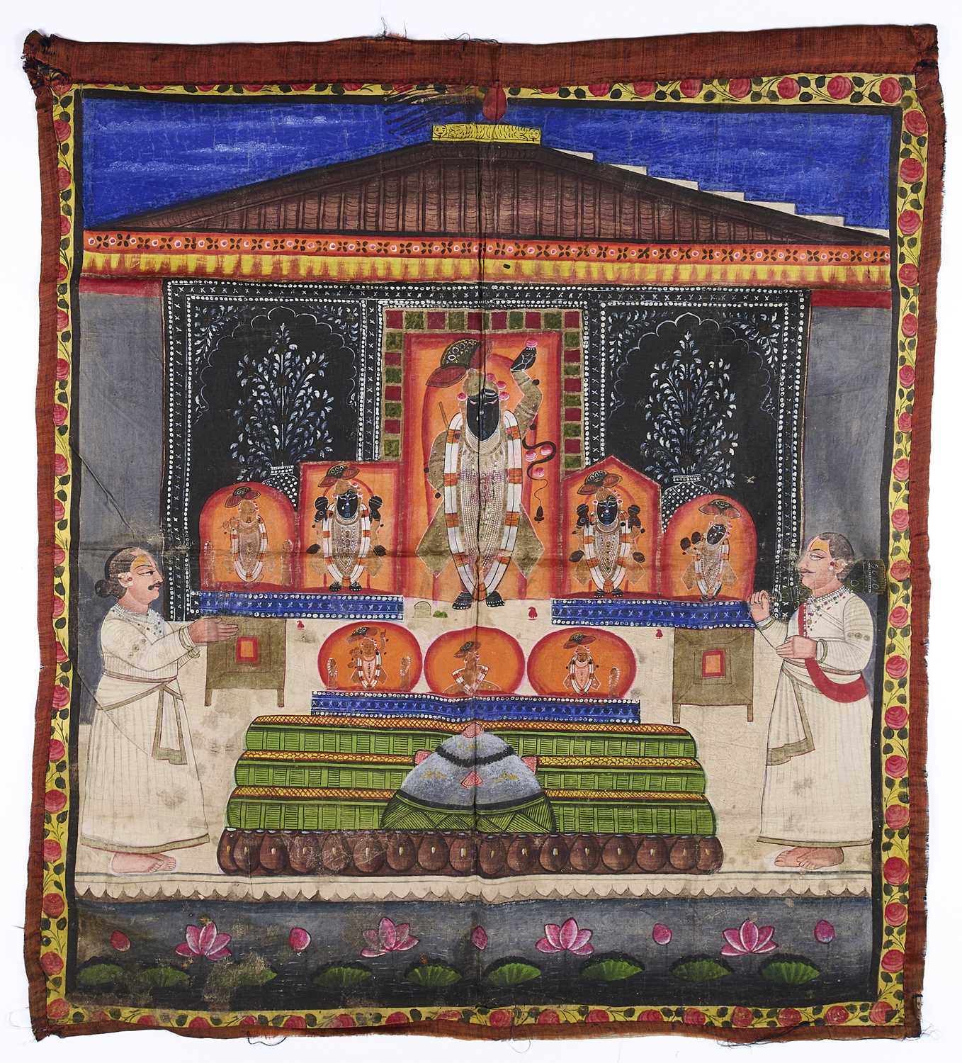 Lot 308 - A SMALL PICHHAVAI DEPICTING ANNAKUTA UTSAVA, NATHDWARA, RAJASTHAN, INDIA, EARLY 20TH CENTURY