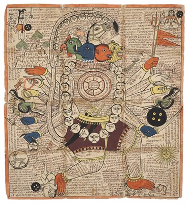 Lot 302 - A TANTRIC RITUAL DRAWING (PANCHMUKHI PATAKA) OF HANUMAN, RAJASTHAN, 18TH/19TH CENTURY