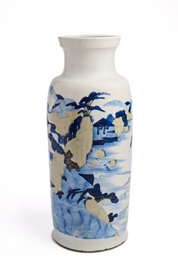 Lot 108 - A CHINESE UNDERGLAZE-BLUE, COPPER RED, AND CELADON-GLAZED CARVED ROULEAU VASE, KANGXI PERIOD (1662-1722)