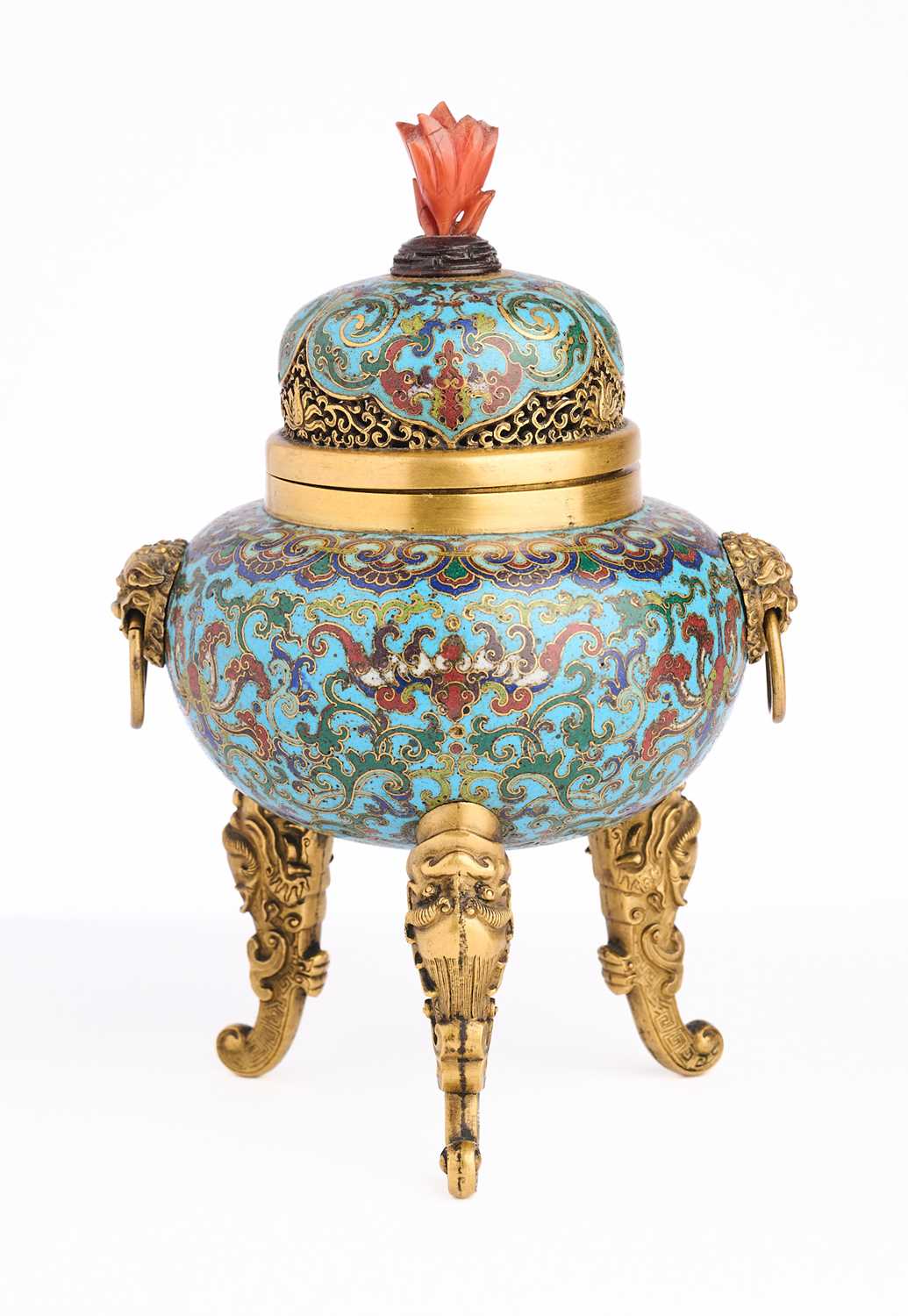 Lot 28 - A CHINESE GILT-BRONZE AND CLOISONNE ENAMEL TRIPOD CENSER AND COVER, QING DYNASTY, QIANLONG PERIOD (1736-95)