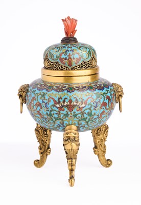 Lot 28 - A CHINESE GILT-BRONZE AND CLOISONNE ENAMEL TRIPOD CENSER AND COVER, QING DYNASTY, QIANLONG PERIOD (1736-95)