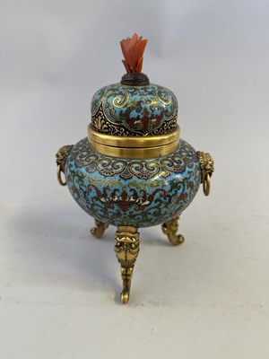 Lot 28 - A CHINESE GILT-BRONZE AND CLOISONNE ENAMEL TRIPOD CENSER AND COVER, QING DYNASTY, QIANLONG PERIOD (1736-95)