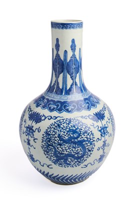 Lot 113 - A LARGE CHINESE BLUE AND WHITE 'DRAGON' BOTTLE VASE, QING DYNASTY, 19TH CENTURY