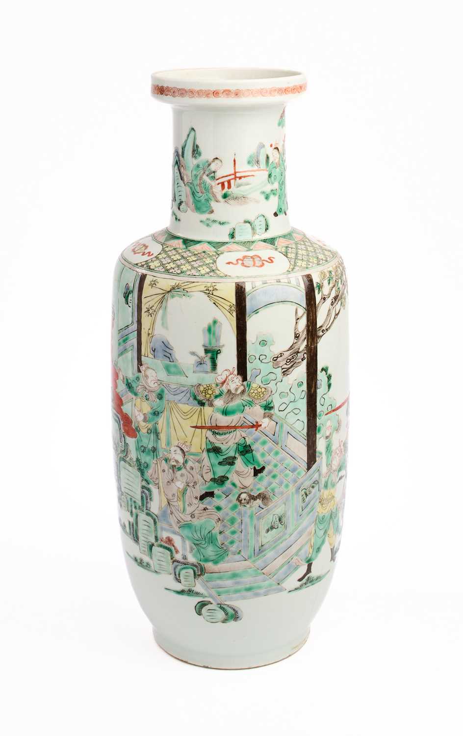 Lot 17 - A CHINESE FAMILLE-VERTE ROULEAU VASE, QING DYNASTY, 19TH CENTURY