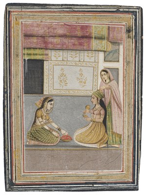 Lot 319 - A MAIDEN WITH ATTENDANTS, MUGHAL, INDIA, CIRCA 1700